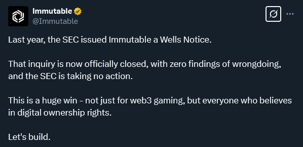 SEC concluye investigación de Immutable, impulsando la claridad en gaming Web3